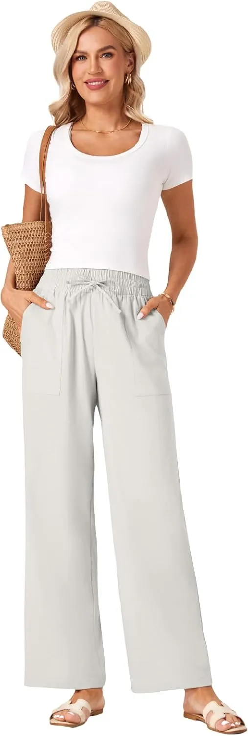 Wide Leg Linen Pants Women Palazzo Flowy Beach Casual Loose Drawstring Boho Summer Pants 2025 with Pockets