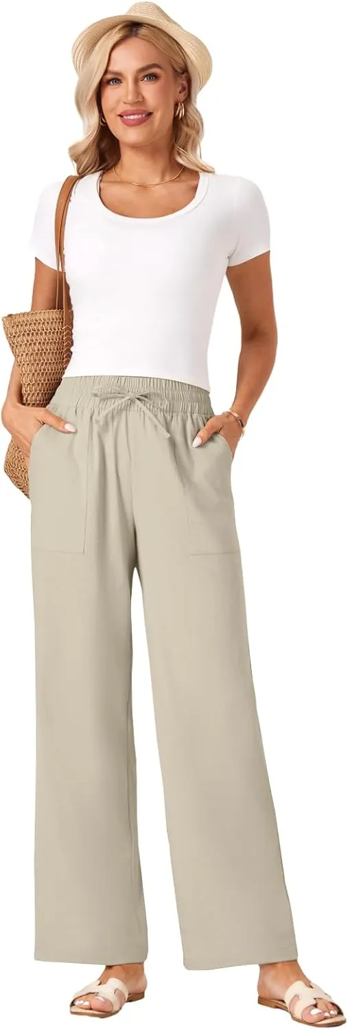 Wide Leg Linen Pants Women Palazzo Flowy Beach Casual Loose Drawstring Boho Summer Pants 2025 with Pockets