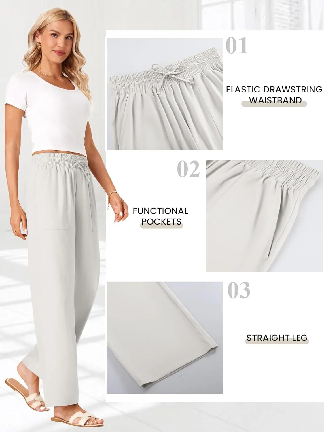 Wide Leg Linen Pants Women Palazzo Flowy Beach Casual Loose Drawstring Boho Summer Pants 2025 with Pockets