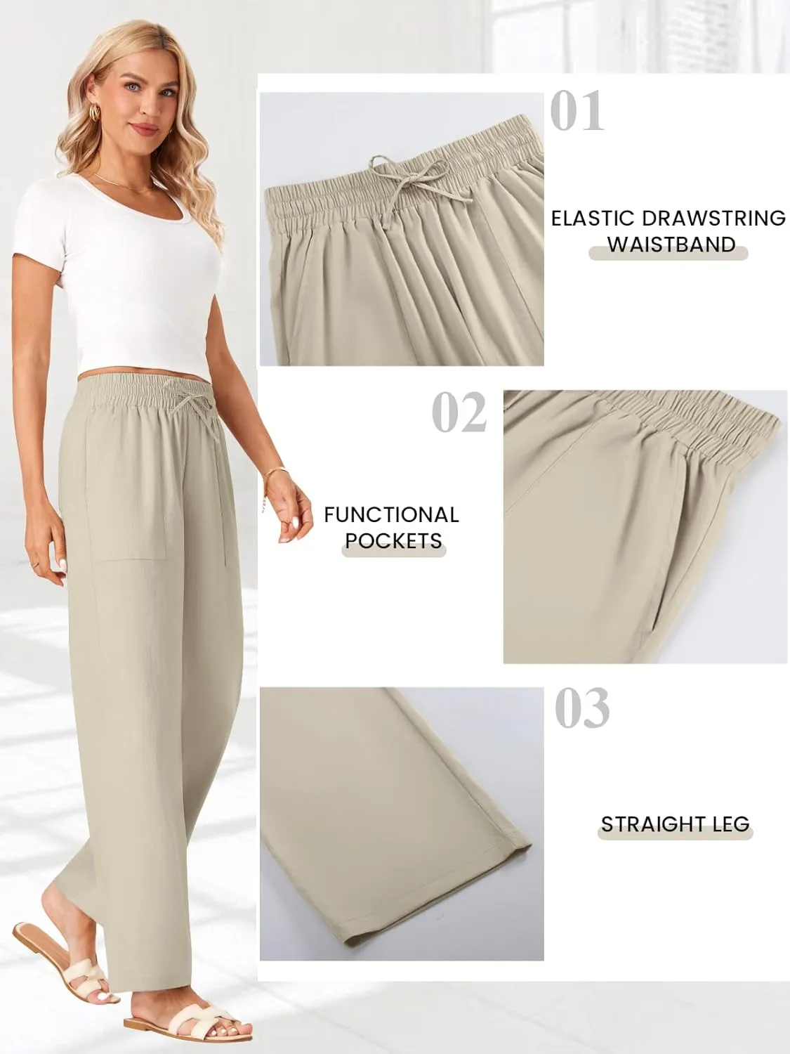 Wide Leg Linen Pants Women Palazzo Flowy Beach Casual Loose Drawstring Boho Summer Pants 2025 with Pockets