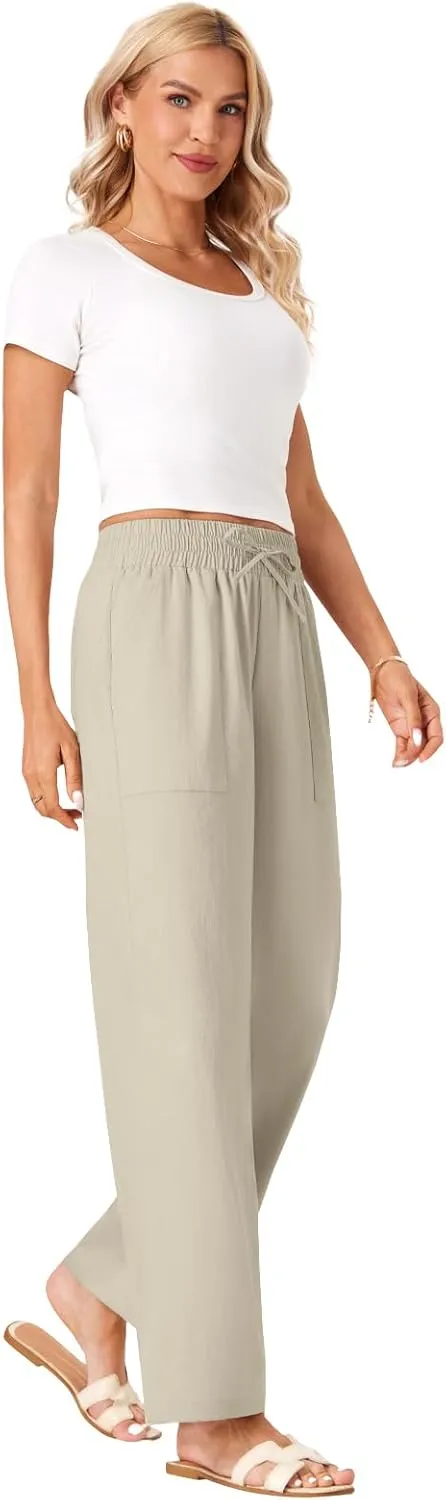 Wide Leg Linen Pants Women Palazzo Flowy Beach Casual Loose Drawstring Boho Summer Pants 2025 with Pockets