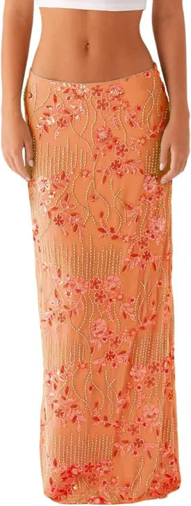 Women Sequin Maxi Skirt Y2K Low Rise Glitter Sparkly Beaded Floral Long Skirts Disco Party Rave Skirt