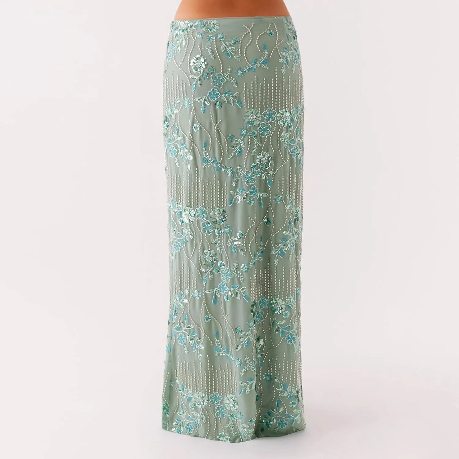 Women Sequin Maxi Skirt Y2K Low Rise Glitter Sparkly Beaded Floral Long Skirts Disco Party Rave Skirt