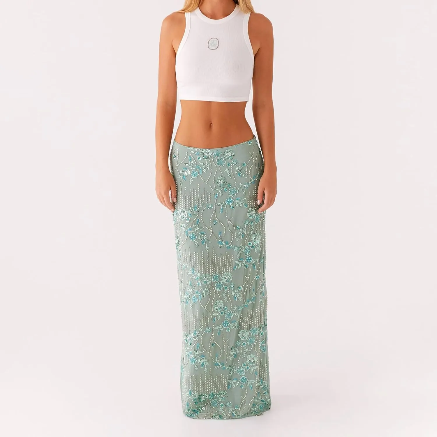 Women Sequin Maxi Skirt Y2K Low Rise Glitter Sparkly Beaded Floral Long Skirts Disco Party Rave Skirt