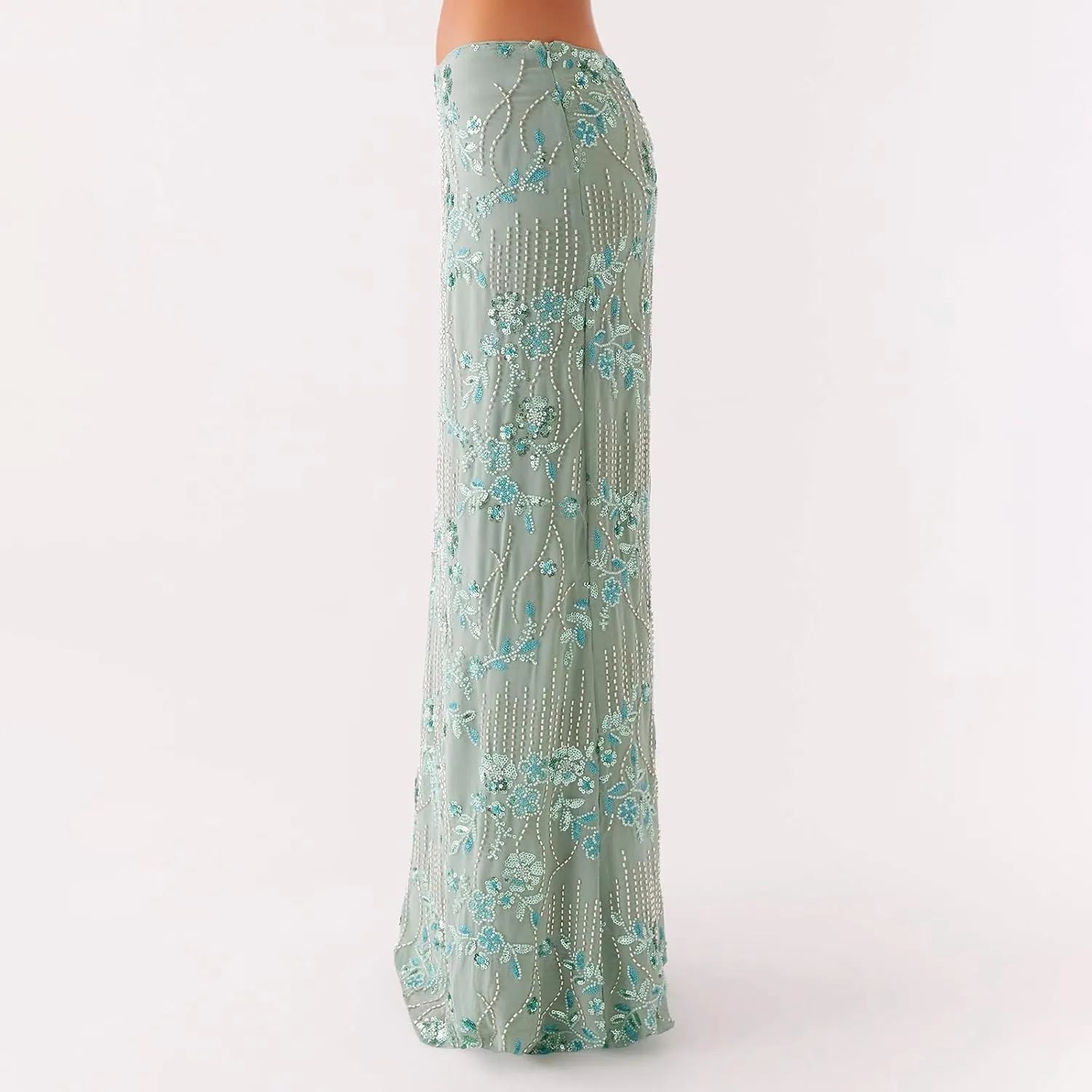 Women Sequin Maxi Skirt Y2K Low Rise Glitter Sparkly Beaded Floral Long Skirts Disco Party Rave Skirt