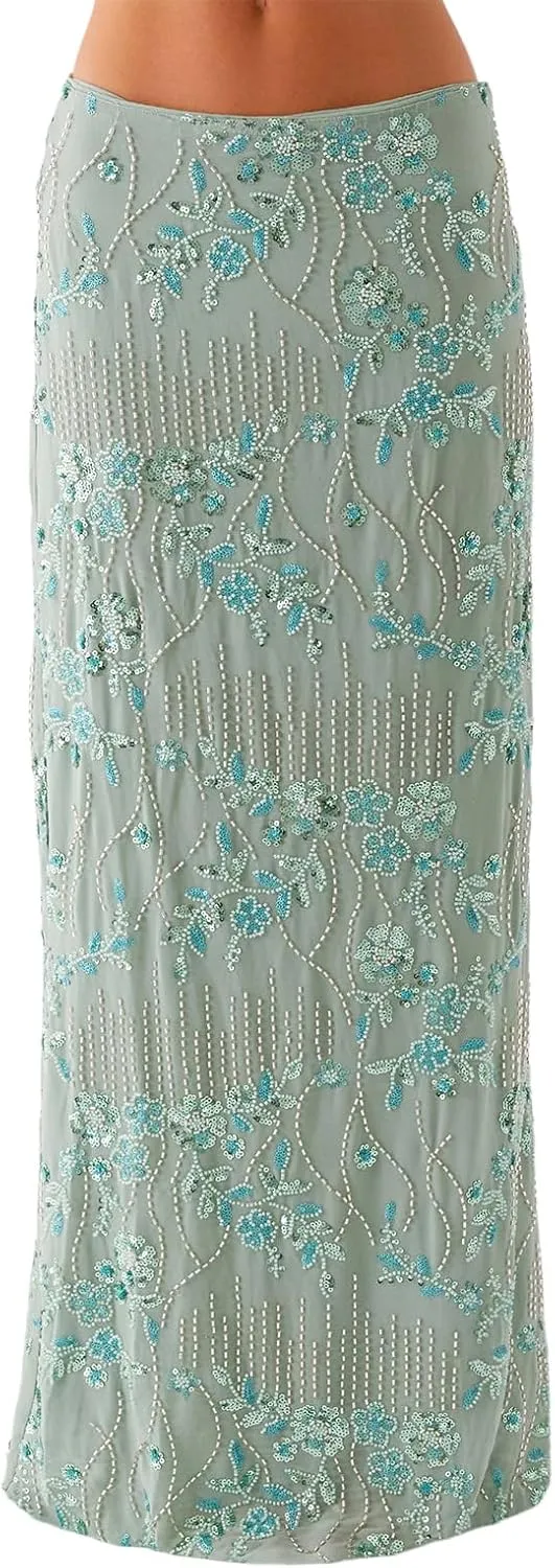 Women Sequin Maxi Skirt Y2K Low Rise Glitter Sparkly Beaded Floral Long Skirts Disco Party Rave Skirt