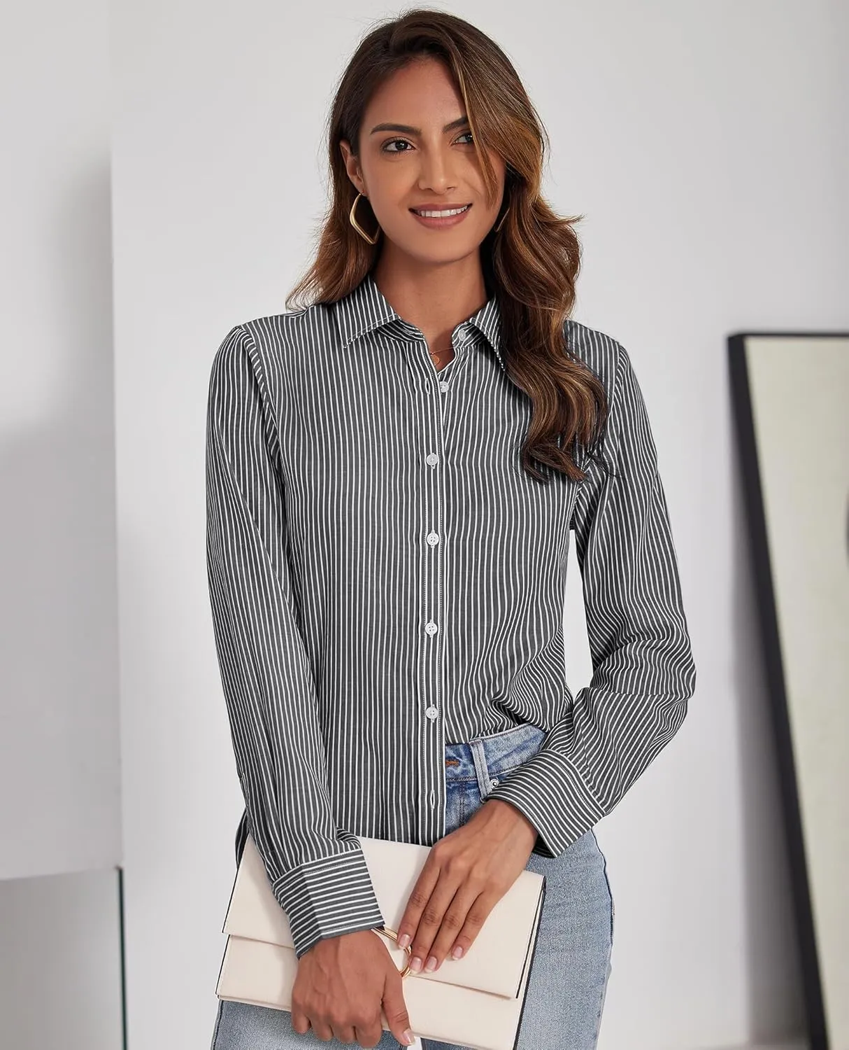 Women's Button Down Shirts Classic Fit Dress Shirt Work Business Casual Long Sleeve Blouse Tops