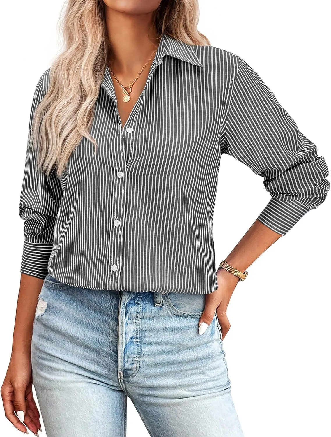 Women's Button Down Shirts Classic Fit Dress Shirt Work Business Casual Long Sleeve Blouse Tops