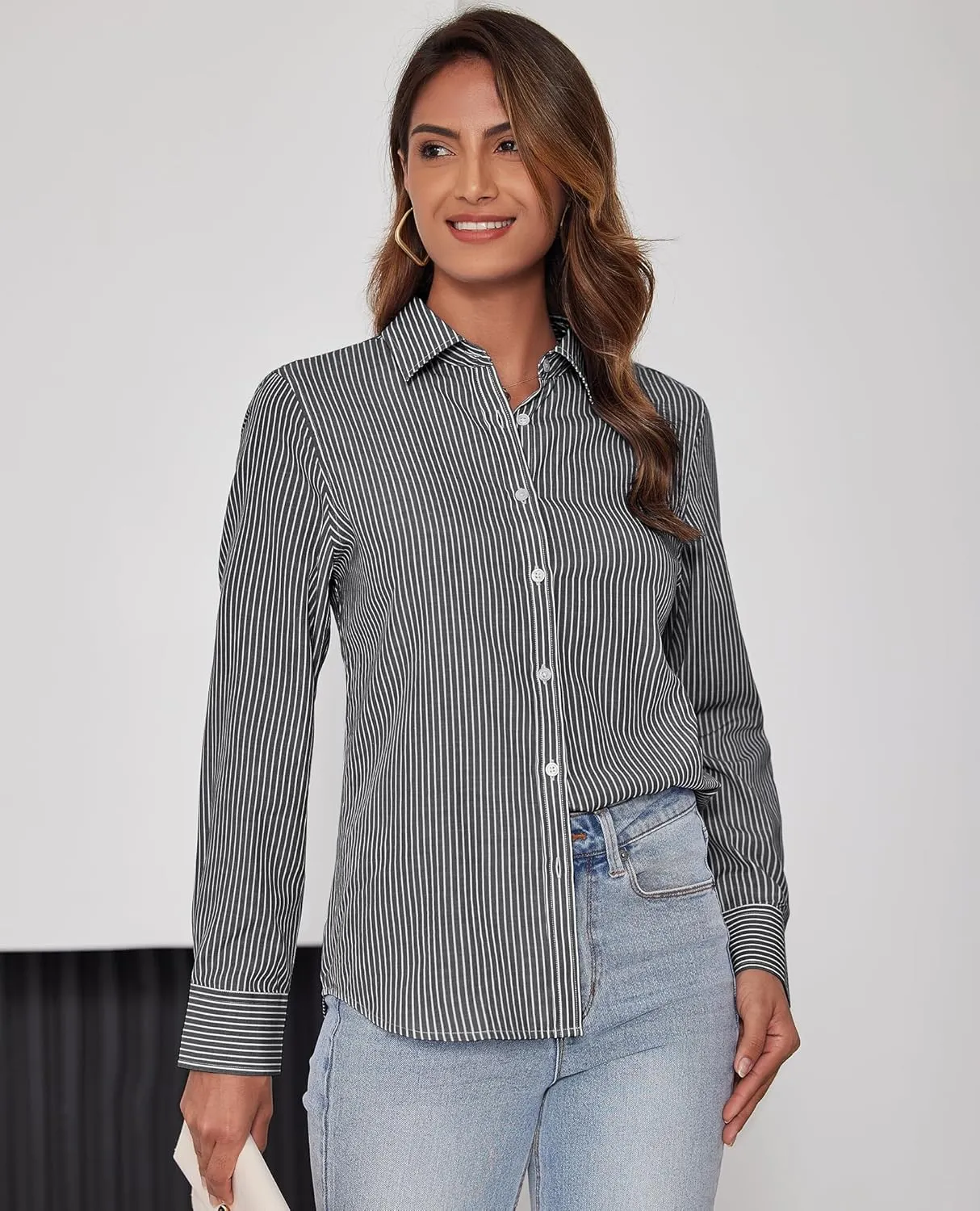 Women's Button Down Shirts Classic Fit Dress Shirt Work Business Casual Long Sleeve Blouse Tops