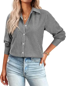 Women's Button Down Shirts Classic Fit Dress Shirt Work Business Casual Long Sleeve Blouse Tops