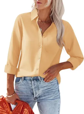 Womens Button Down Shirts Dress Shirt Collared Wrinkle Free Long Sleeve Blouse Office Tunics Tops with Pockets