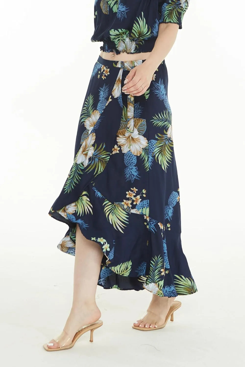 Women's Hawaiian Luau Wrap Ruffle Skirt in Sunset Neon Pastel
