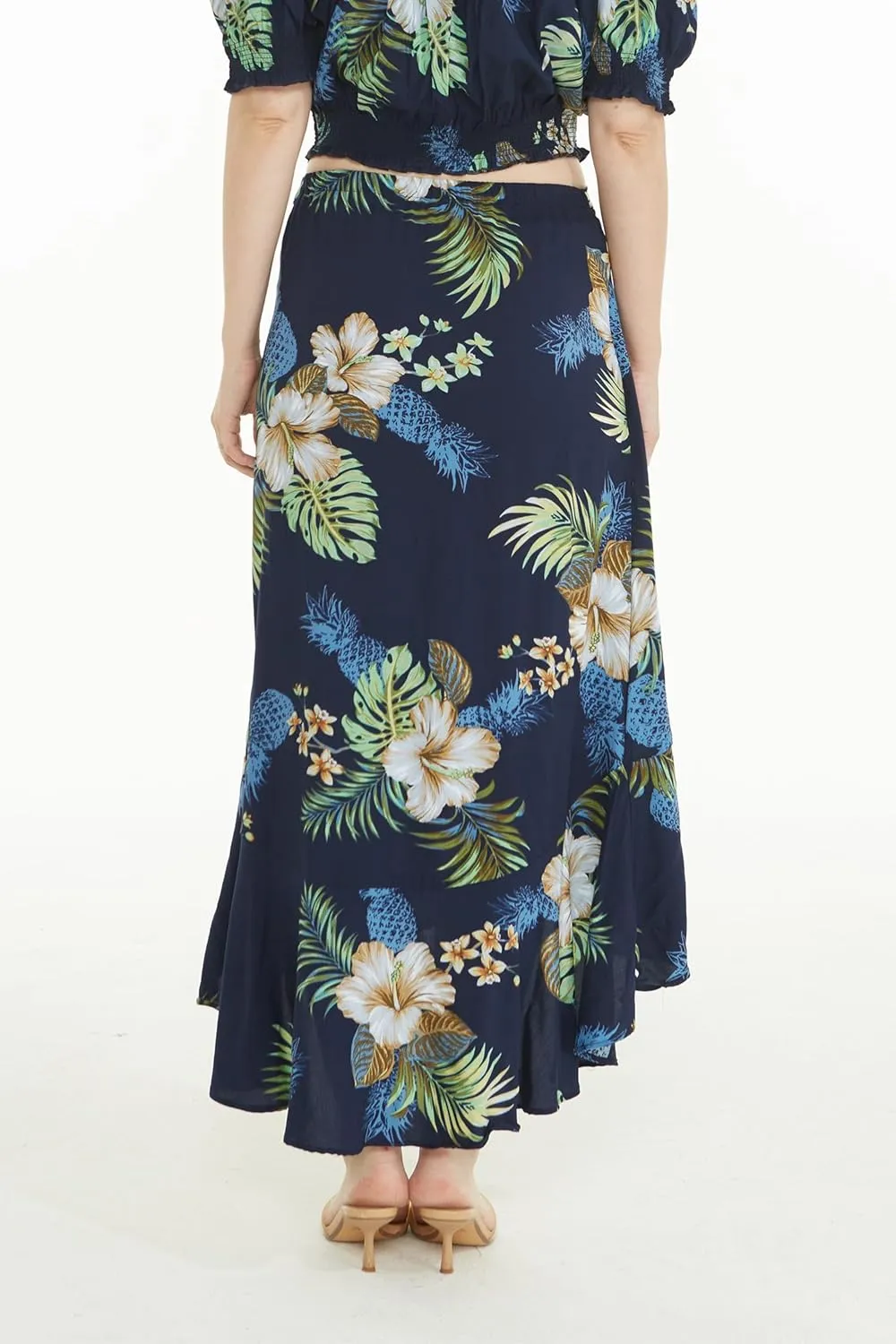 Women's Hawaiian Luau Wrap Ruffle Skirt in Sunset Neon Pastel