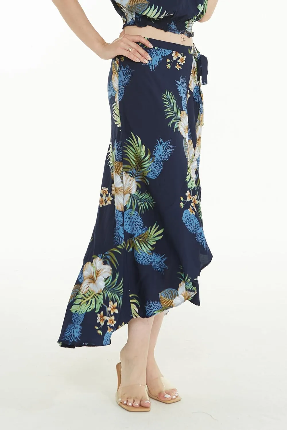 Women's Hawaiian Luau Wrap Ruffle Skirt in Sunset Neon Pastel