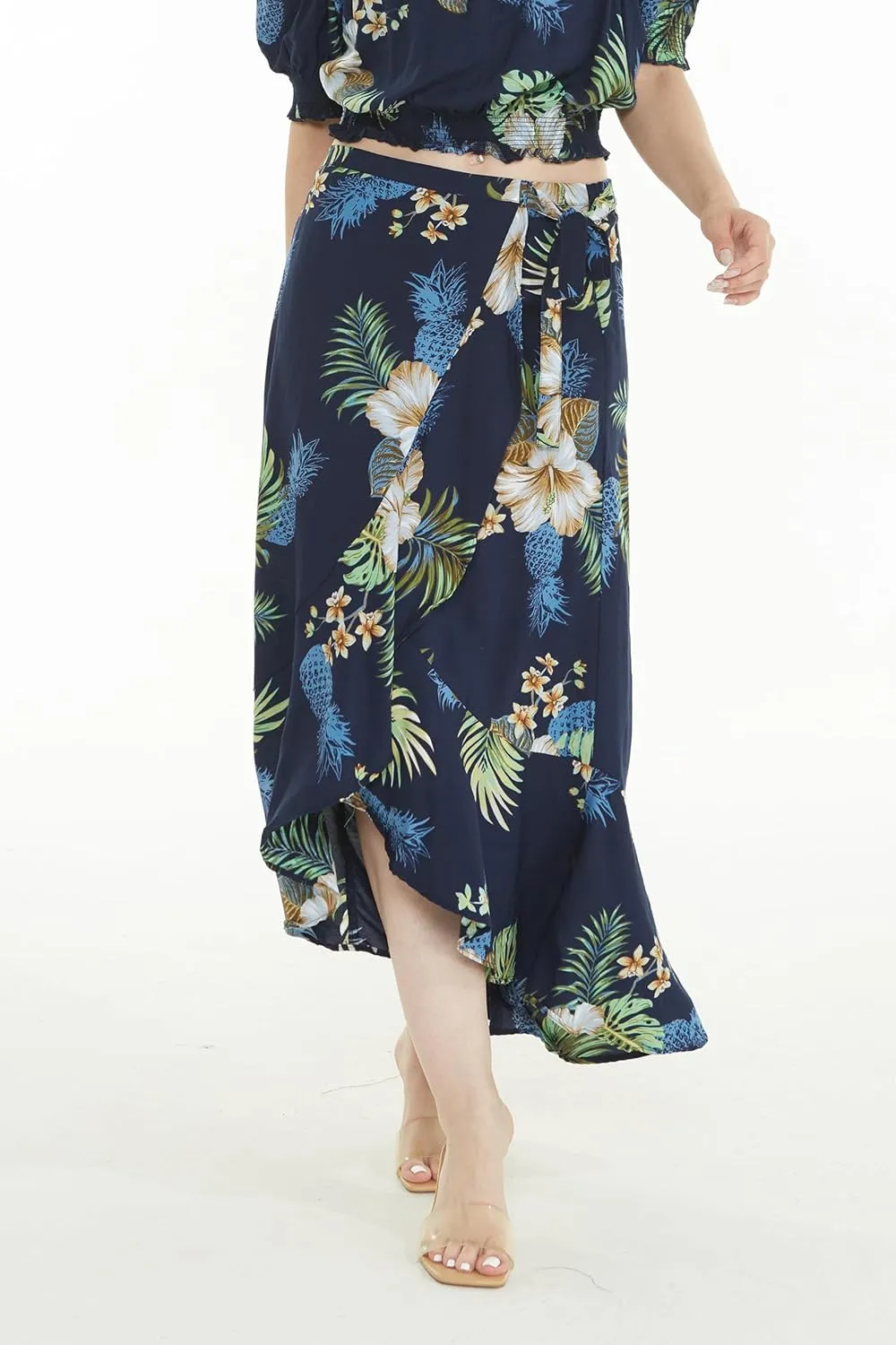 Women's Hawaiian Luau Wrap Ruffle Skirt in Sunset Neon Pastel