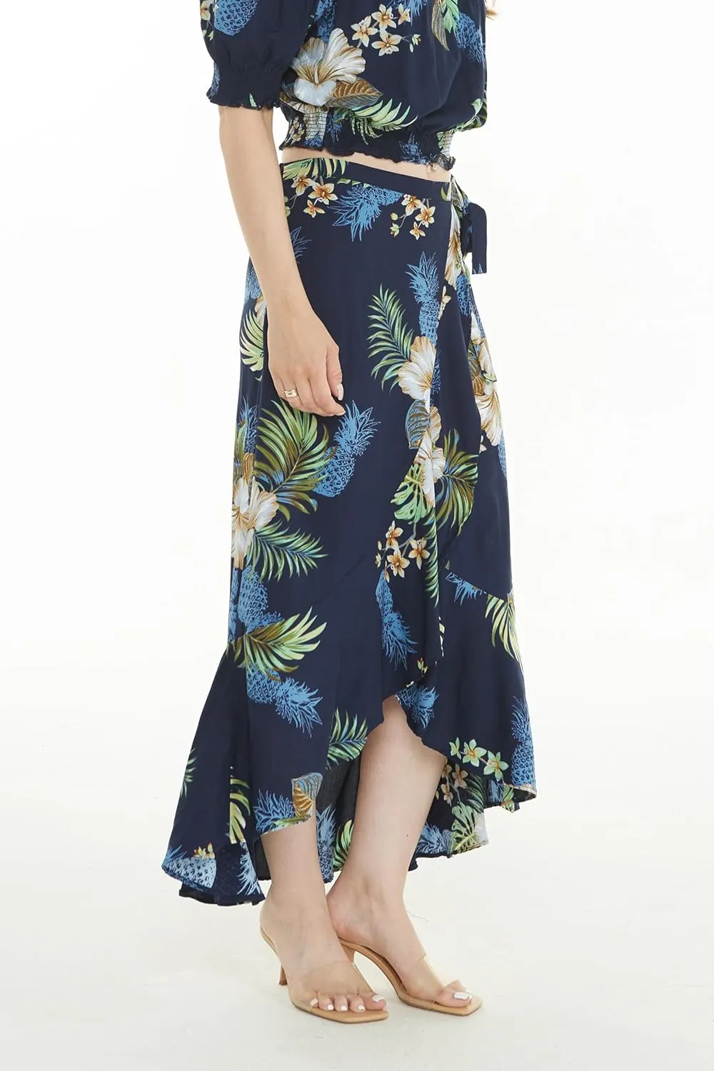 Women's Hawaiian Luau Wrap Ruffle Skirt in Sunset Neon Pastel