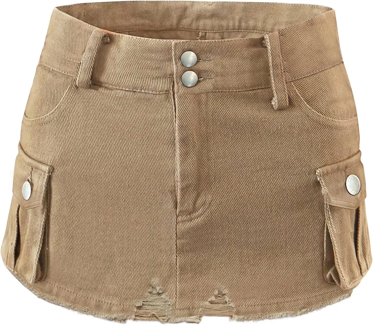 Womens Mini Cargo Denim Skirt Low Waist Jean Skirts Fringed Button Bodycon Y2K Short Skirt with Flap Pockets 2024