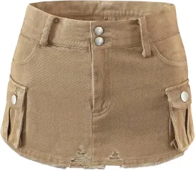 Womens Mini Cargo Denim Skirt Low Waist Jean Skirts Fringed Button Bodycon Y2K Short Skirt with Flap Pockets 2024