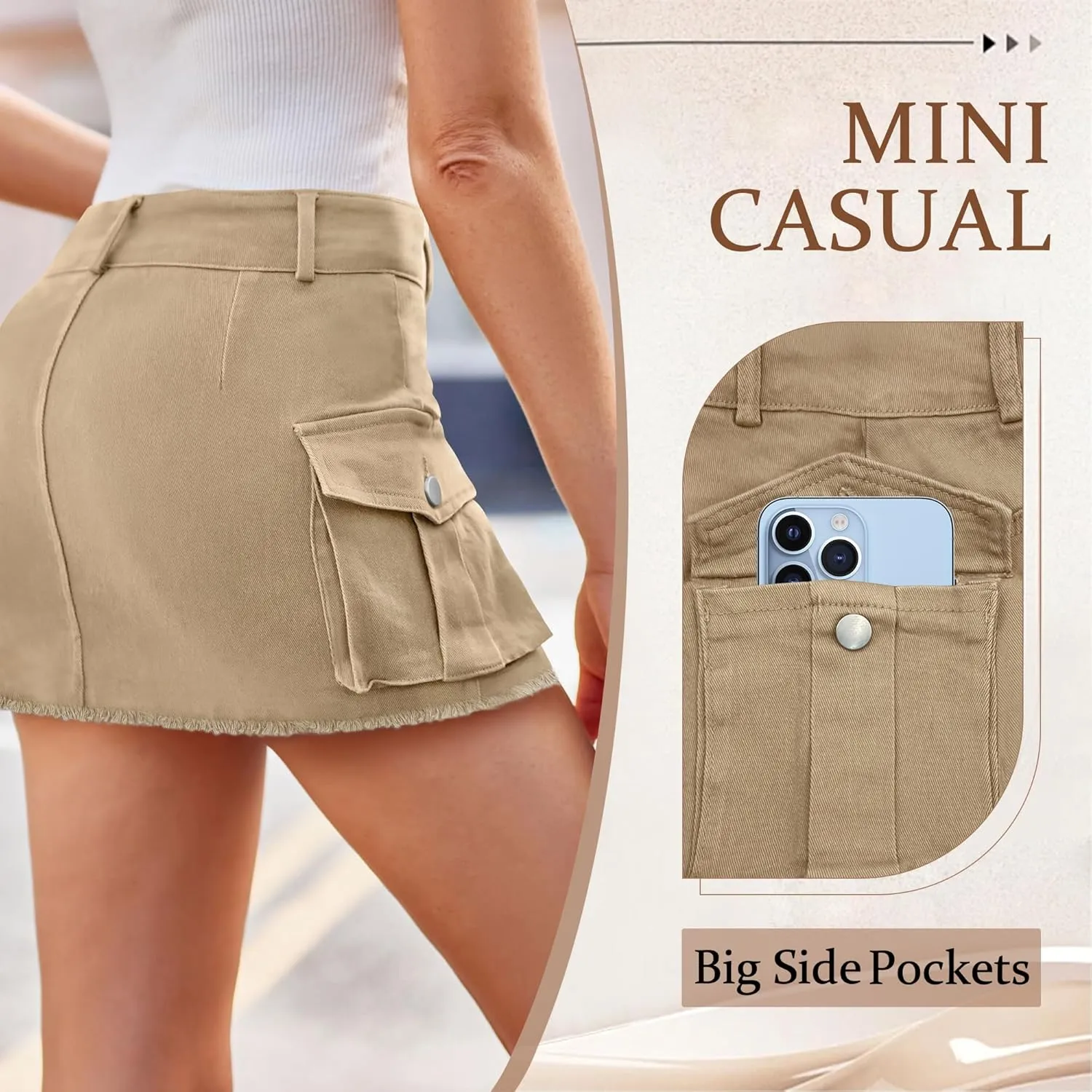 Womens Mini Cargo Denim Skirt Low Waist Jean Skirts Fringed Button Bodycon Y2K Short Skirt with Flap Pockets 2024