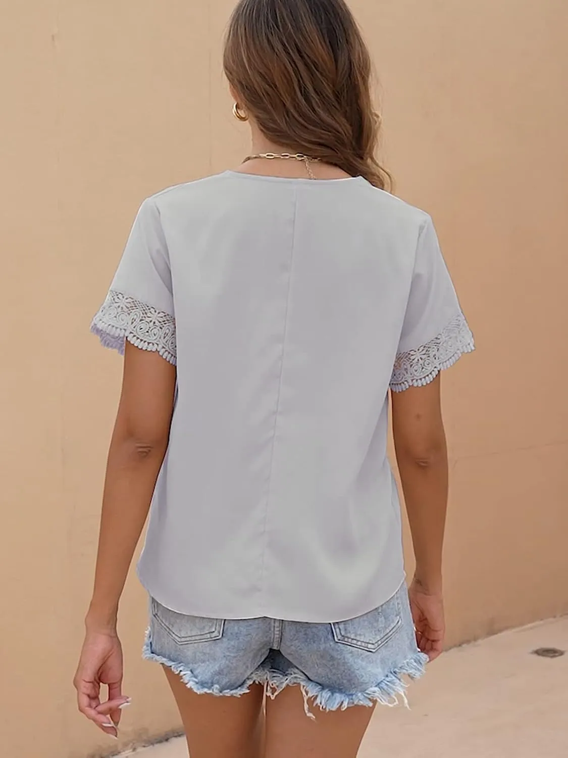 Womens Summer Short Sleeve Blouse Lace Trim Cuff Dressy Casual Business Work Tops V Neck Shirts Chiffon Tshirt