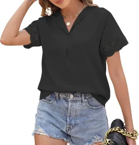Womens Summer Short Sleeve Blouse Lace Trim Cuff Dressy Casual Business Work Tops V Neck Shirts Chiffon Tshirt