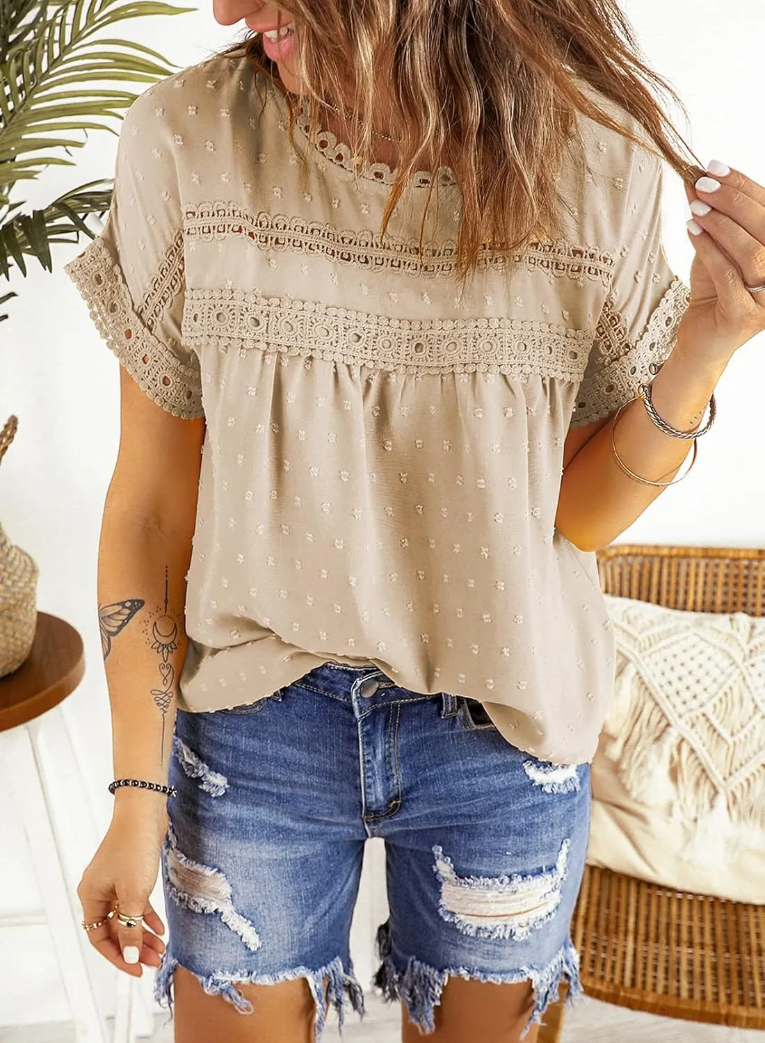 Womens Summer Tops Crewneck Lace Crochet Short Sleeve Swiss Dots Shirts Casual Buttoned-Back Chiffon Blouses