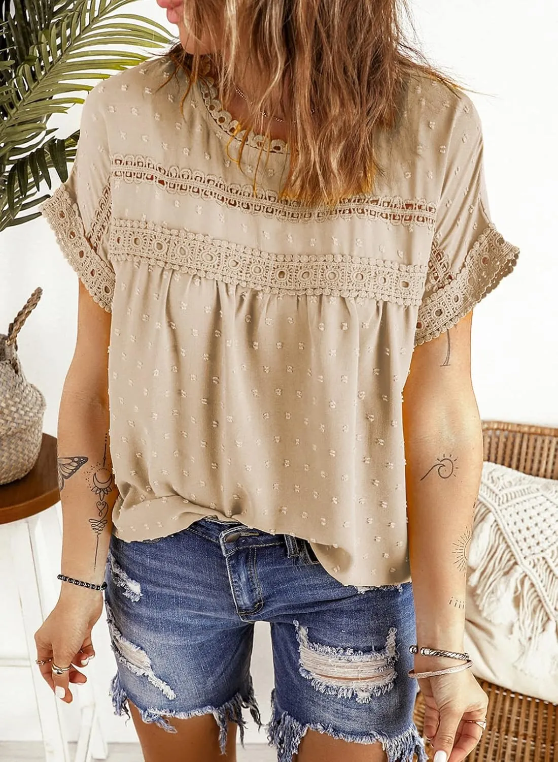 Womens Summer Tops Crewneck Lace Crochet Short Sleeve Swiss Dots Shirts Casual Buttoned-Back Chiffon Blouses