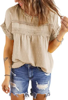 Womens Summer Tops Crewneck Lace Crochet Short Sleeve Swiss Dots Shirts Casual Buttoned-Back Chiffon Blouses