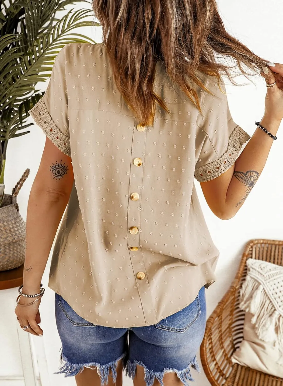 Womens Summer Tops Crewneck Lace Crochet Short Sleeve Swiss Dots Shirts Casual Buttoned-Back Chiffon Blouses