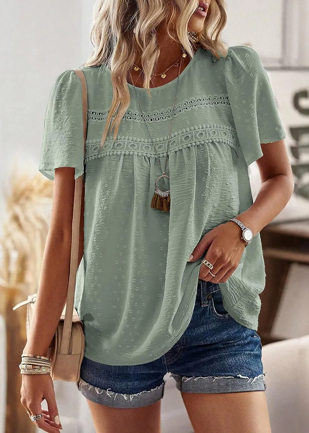 Womens Summer Tops Trendy Lace Crochet Short Sleeve Shirts Cute Casual Boho Flowy Chiffon Blouses