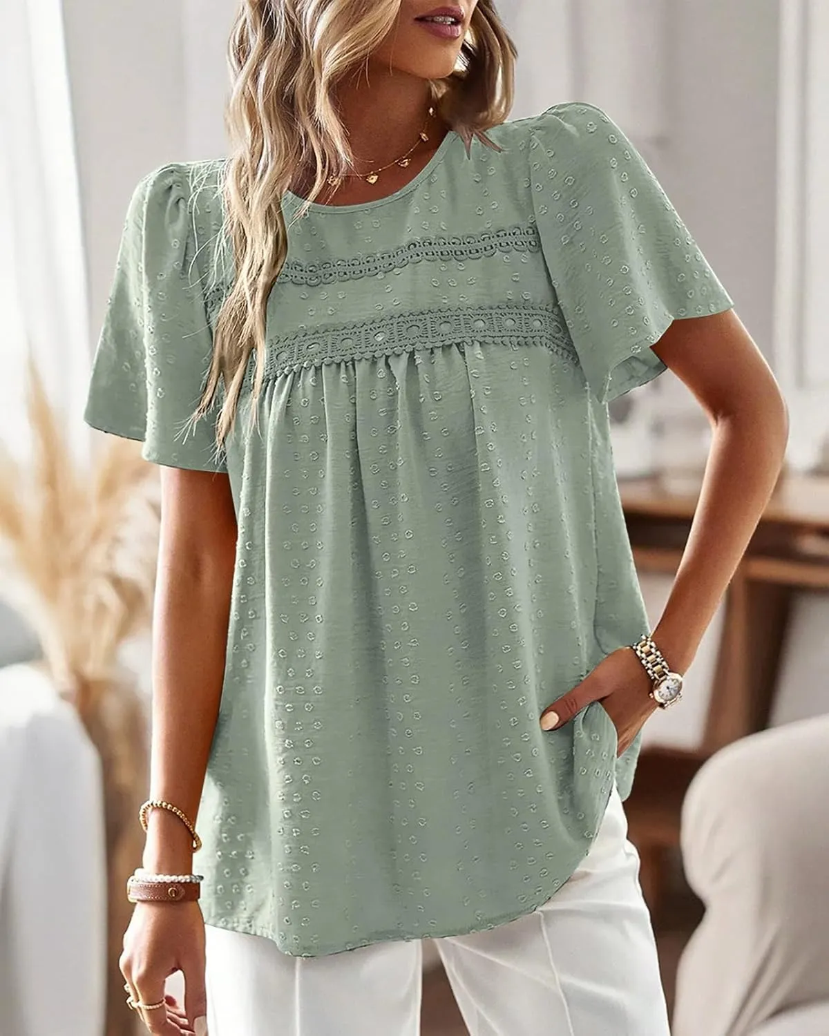 Womens Summer Tops Trendy Lace Crochet Short Sleeve Shirts Cute Casual Boho Flowy Chiffon Blouses