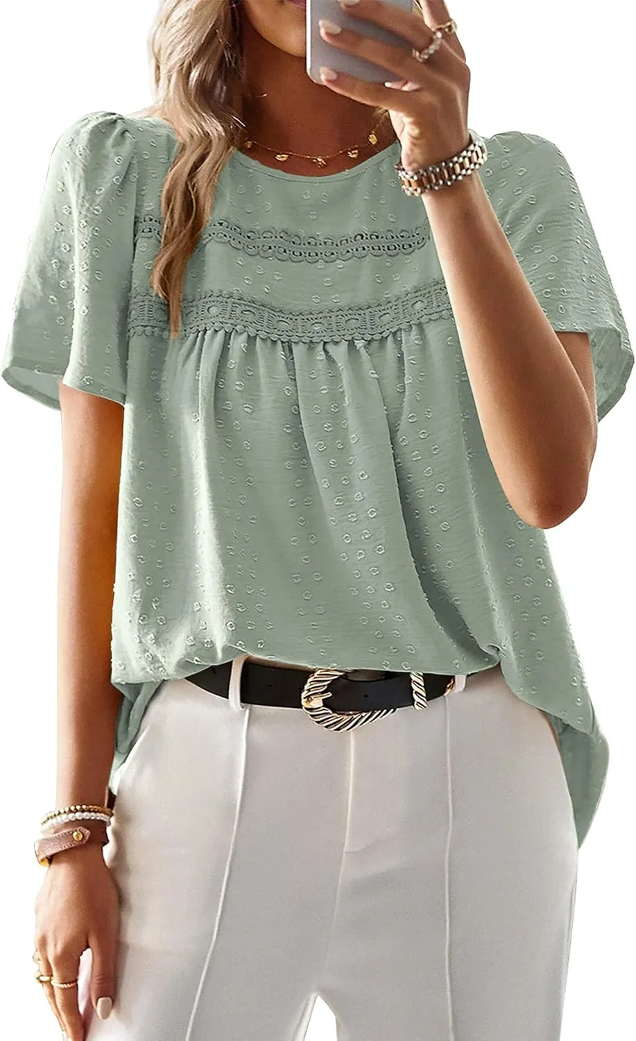 Womens Summer Tops Trendy Lace Crochet Short Sleeve Shirts Cute Casual Boho Flowy Chiffon Blouses