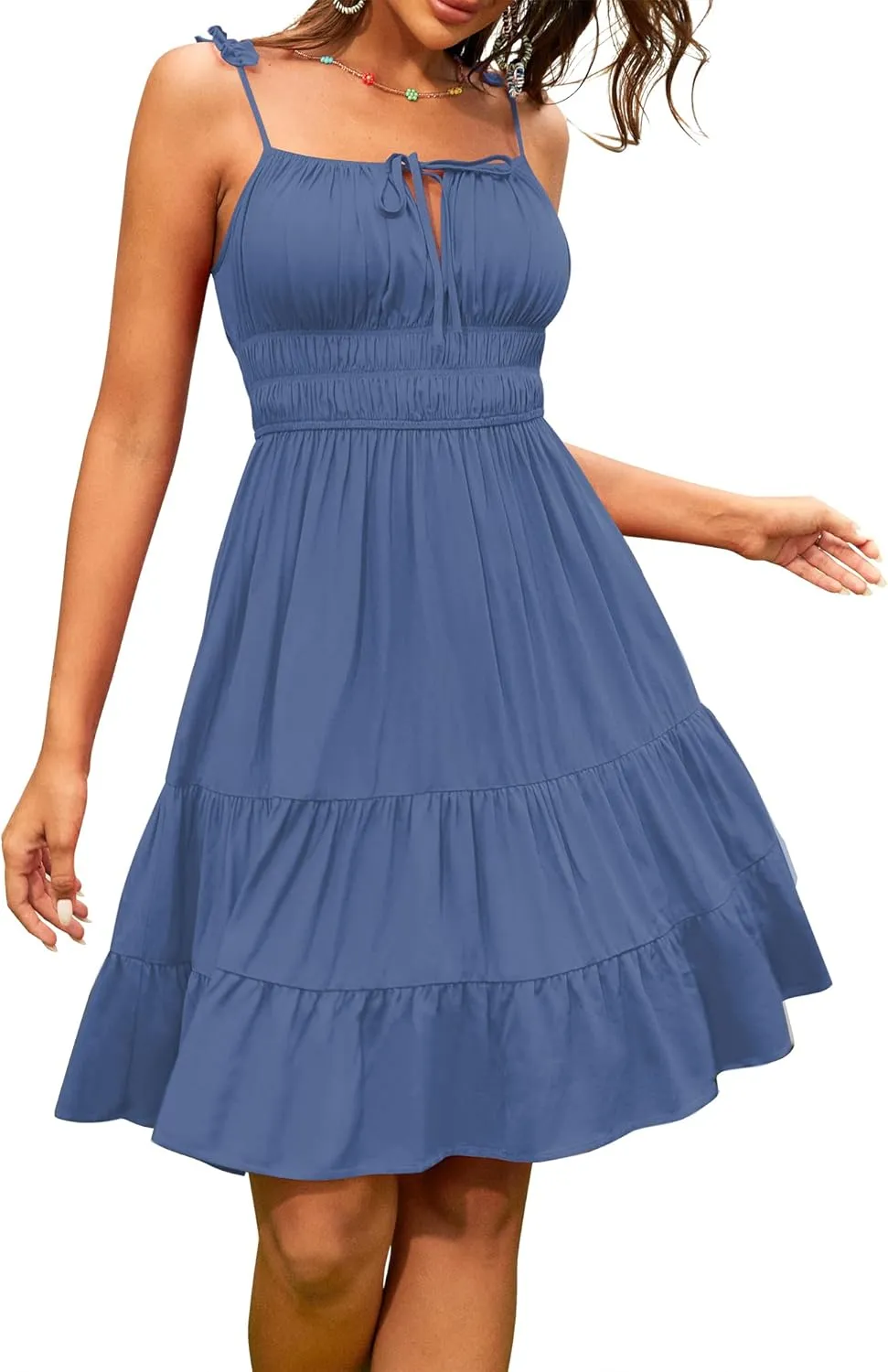 ZAFUL Womens Summer Spaghetti Strap Mini Dress Square Neck Sleeveless Smocked Waist Tiered Flowy Sundresses