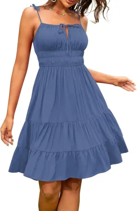ZAFUL Womens Summer Spaghetti Strap Mini Dress Square Neck Sleeveless Smocked Waist Tiered Flowy Sundresses