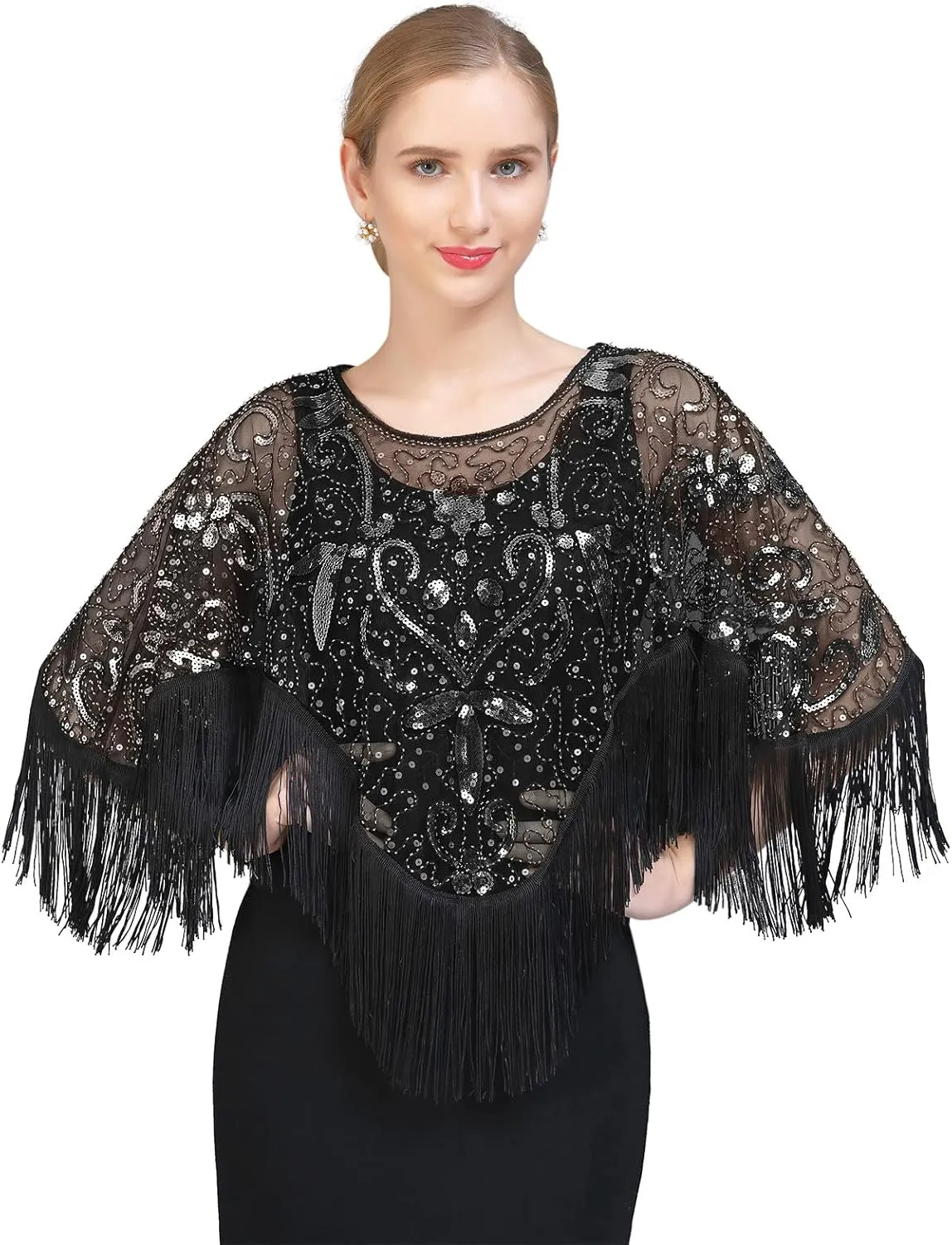 Z&X Women's 1920s Beaded Sequin Shawl Wrap Fringed Evening Party Cape Wedding Bridal Cover Up Scarf