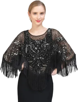 Z&X Women's 1920s Beaded Sequin Shawl Wrap Fringed Evening Party Cape Wedding Bridal Cover Up Scarf